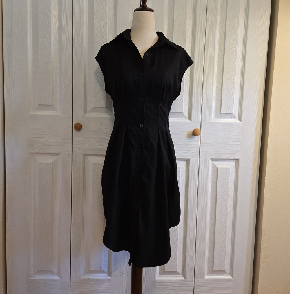 Tailored Black Button-Front Midi Dress